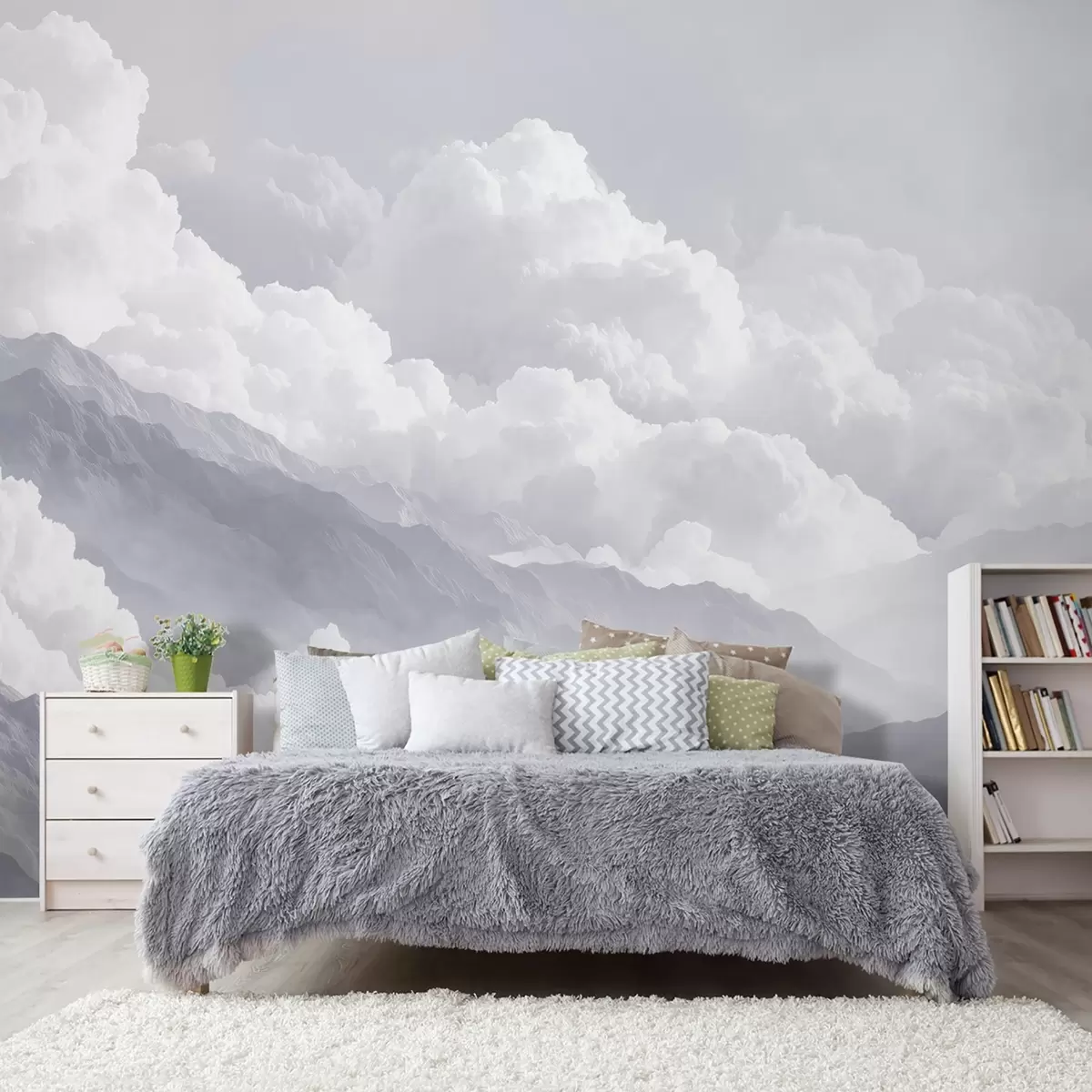 Papier peint Nuages doux au-dessus des montagnes dans des tons bleus w09226v2
