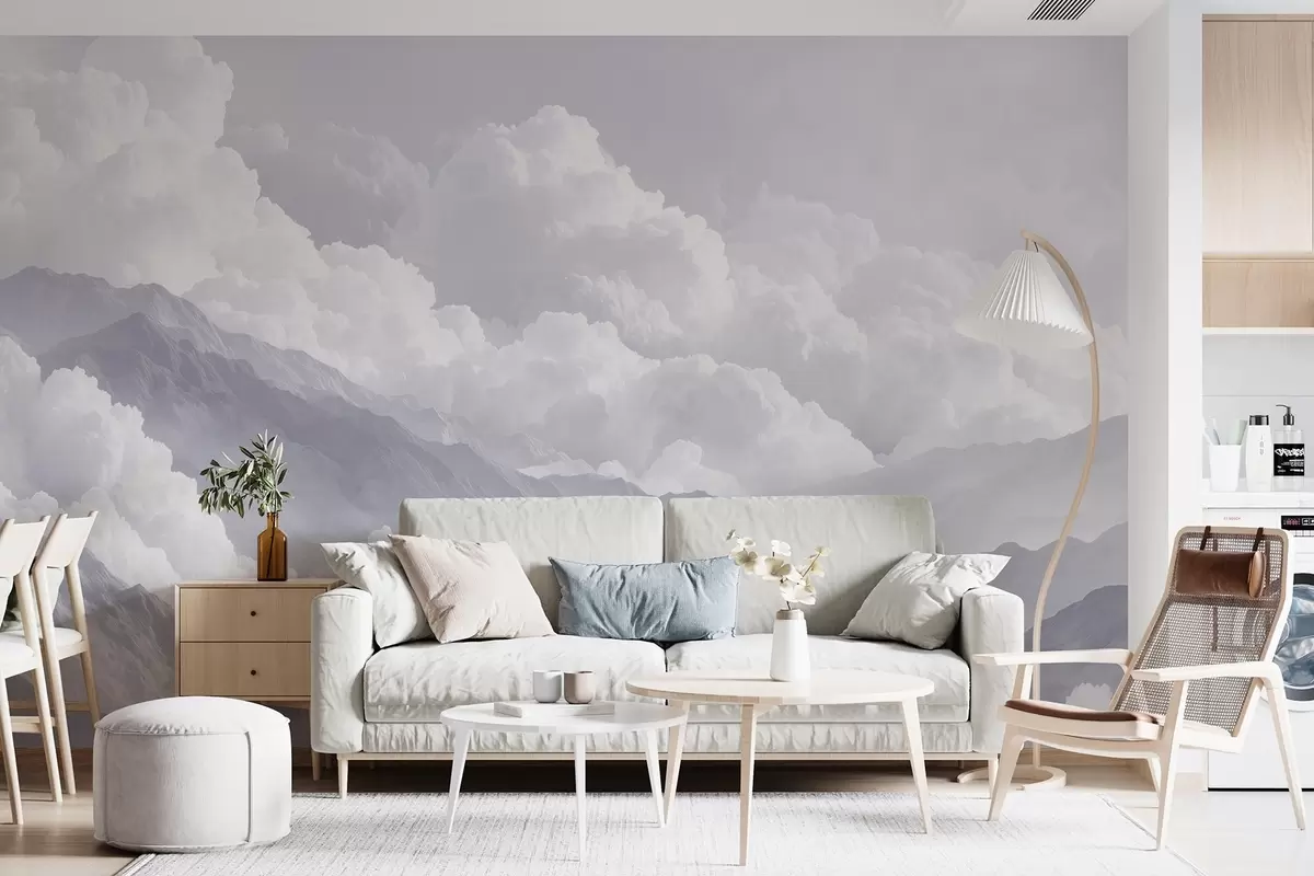 Papier peint Nuages doux au-dessus des montagnes dans des tons bleus w09226v2