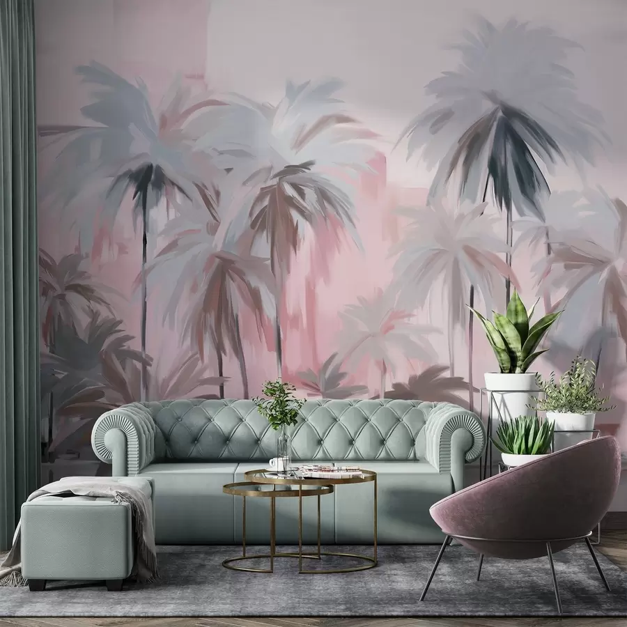 Papier peint Palmiers tropicaux abstraits, minimalistes et pastel, sur un fond de teintes sourdes roses et grises w09212v1