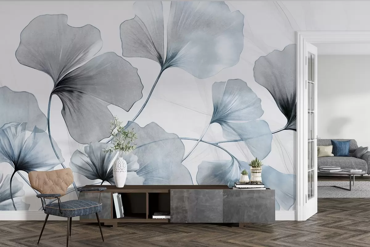 Papier peint Feuilles de Ginkgo biloba dans des tons bleus et gris, effet aquarelle délicatement texturé, fond clair w09215v1