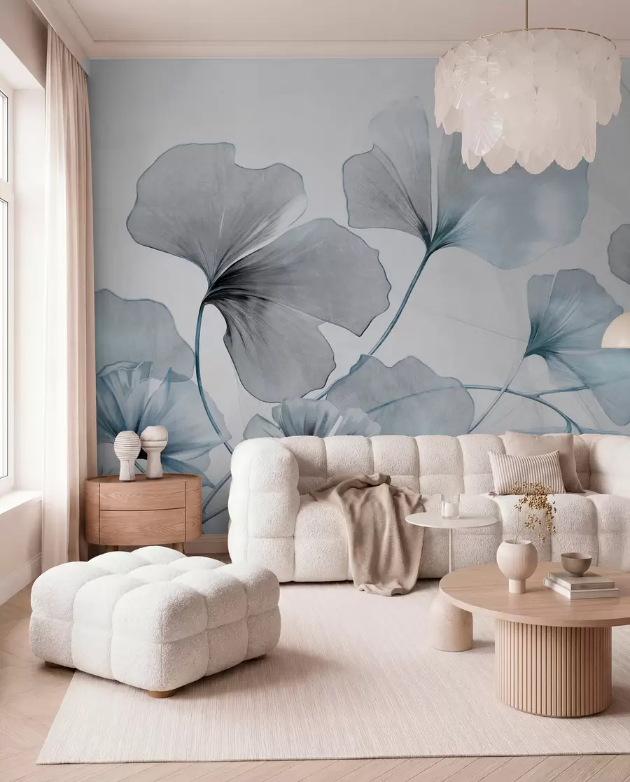 Papier peint Feuilles de Ginkgo biloba dans des tons bleus et gris, effet aquarelle délicatement texturé, fond clair w09215v1