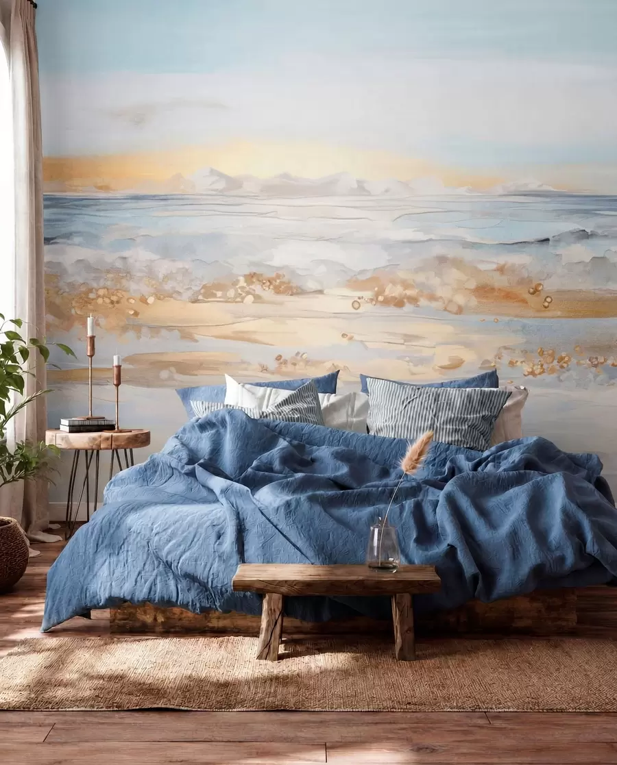 Papier peint Paysage abstrait texturé, vagues de l'océan s'écrasant sur une plage de sable, couleurs pastel douces, ciel bleu avec nuages légers w09234