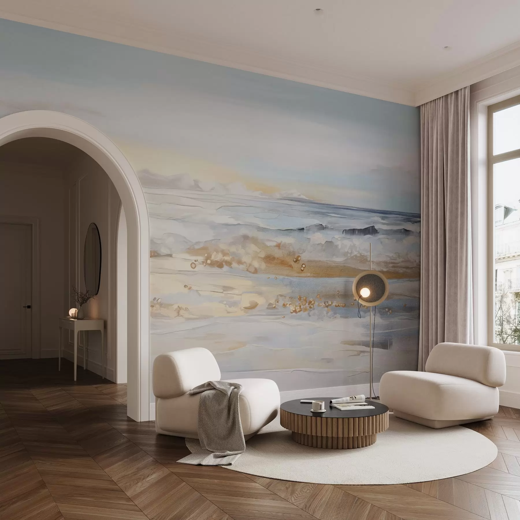 Papier peint Paysage abstrait texturé, vagues de l'océan s'écrasant sur une plage de sable, couleurs pastel douces, ciel bleu avec nuages légers w09234