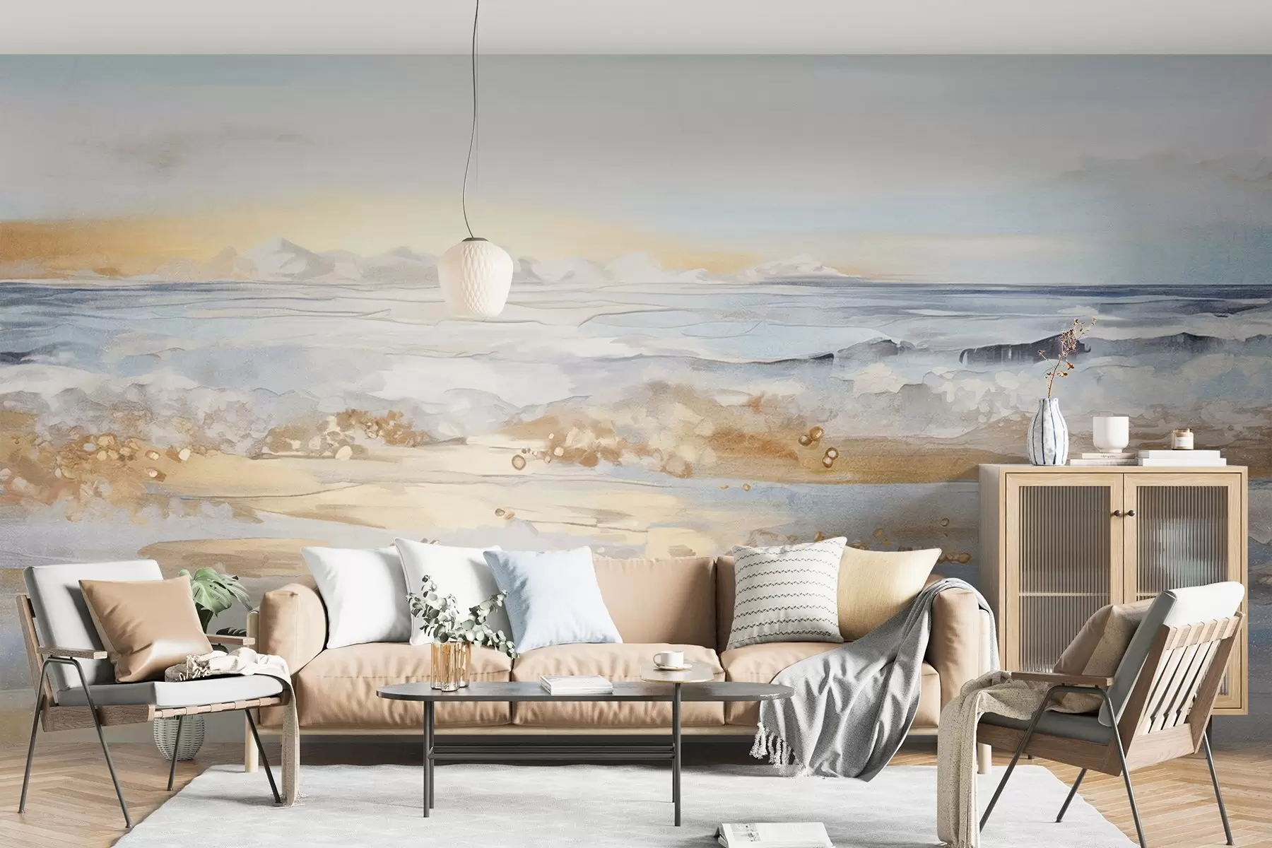 Papier peint Paysage abstrait texturé, vagues de l'océan s'écrasant sur une plage de sable, couleurs pastel douces, ciel bleu avec nuages légers w09234