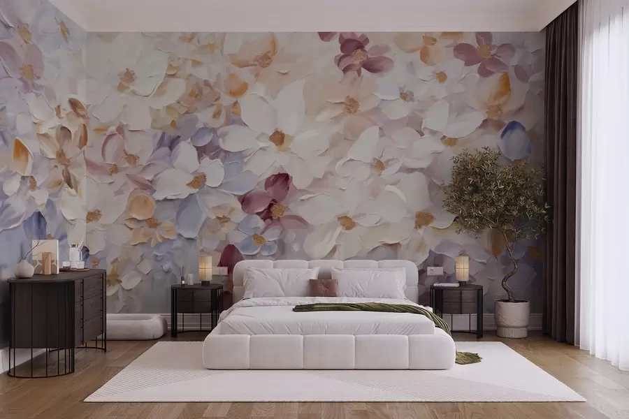 Papier peint Peinture à l'huile imitant un jardin de fleurs avec des fleurs blanches, roses et orange, coups de pinceau doux, couleurs pastel atténuées w09236