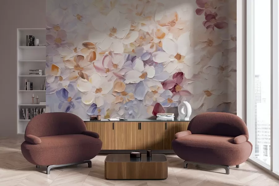 Papier peint Peinture à l'huile imitant un jardin de fleurs avec des fleurs blanches, roses et orange, coups de pinceau doux, couleurs pastel atténuées w09236