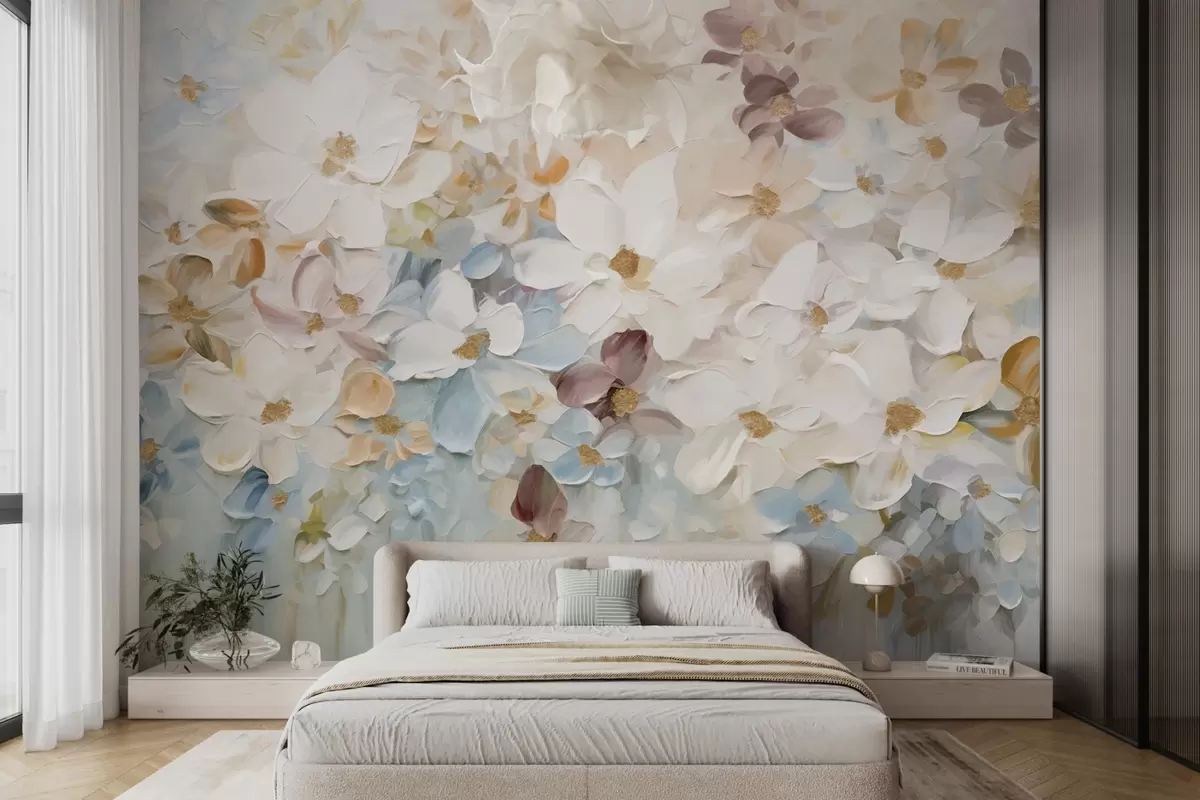 Papier peint Peinture à l'huile imitant un jardin de fleurs avec des fleurs blanches, bleues et orange, coups de pinceau doux, couleurs pastel atténuées w09236v1