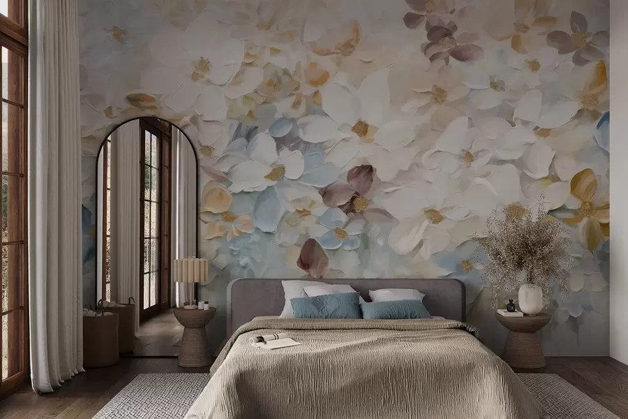 Papier peint Peinture à l'huile imitant un jardin de fleurs avec des fleurs blanches, bleues et orange, coups de pinceau doux, couleurs pastel atténuées w09236v1