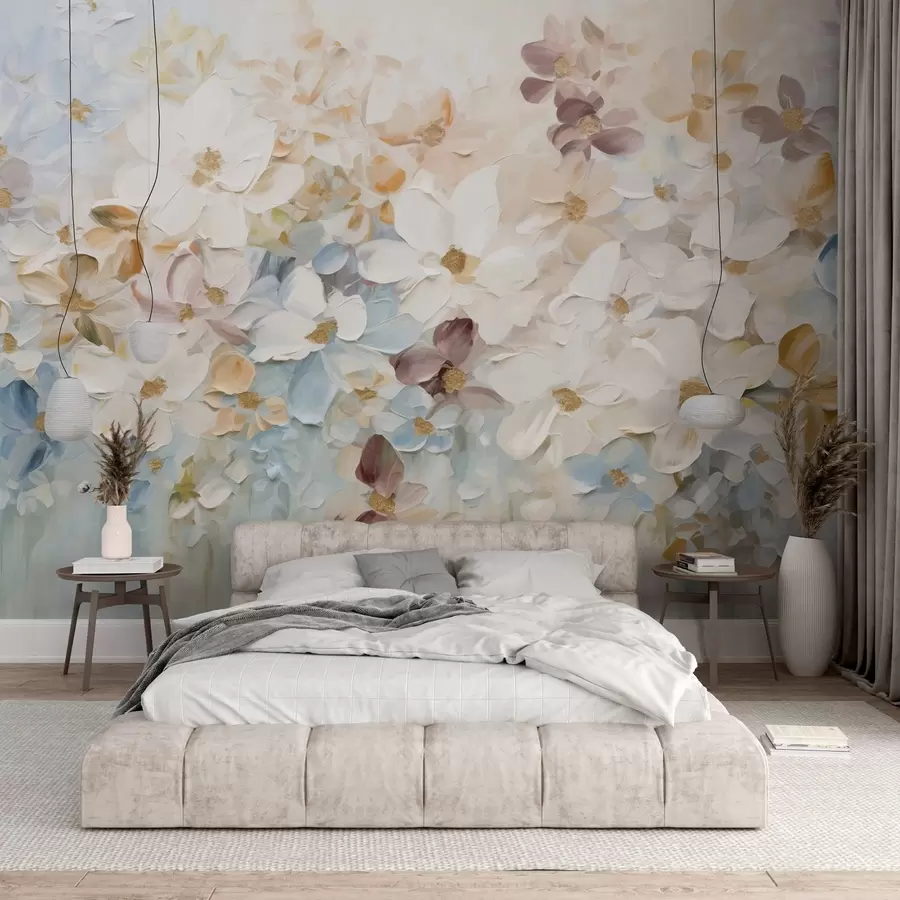 Papier peint Peinture à l'huile imitant un jardin de fleurs avec des fleurs blanches, bleues et orange, coups de pinceau doux, couleurs pastel atténuées w09236v1