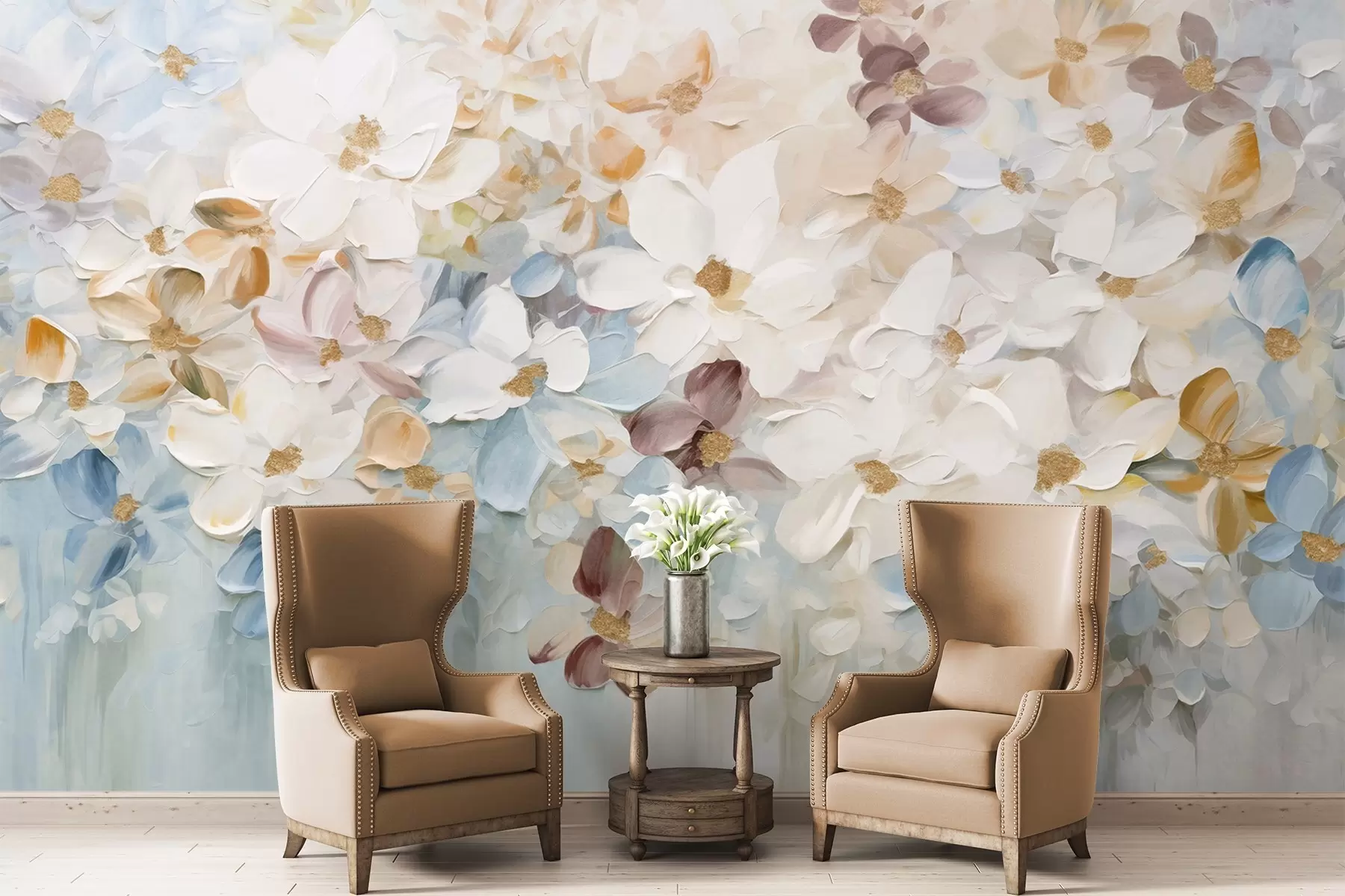 Papier peint Peinture à l'huile imitant un jardin de fleurs avec des fleurs blanches, bleues et orange, coups de pinceau doux, couleurs pastel atténuées w09236v1