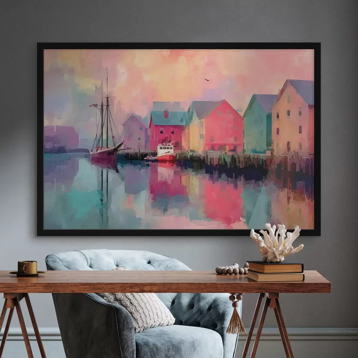 Poster Maisons colorées au bord de l'eau en style coup de pinceau f44837