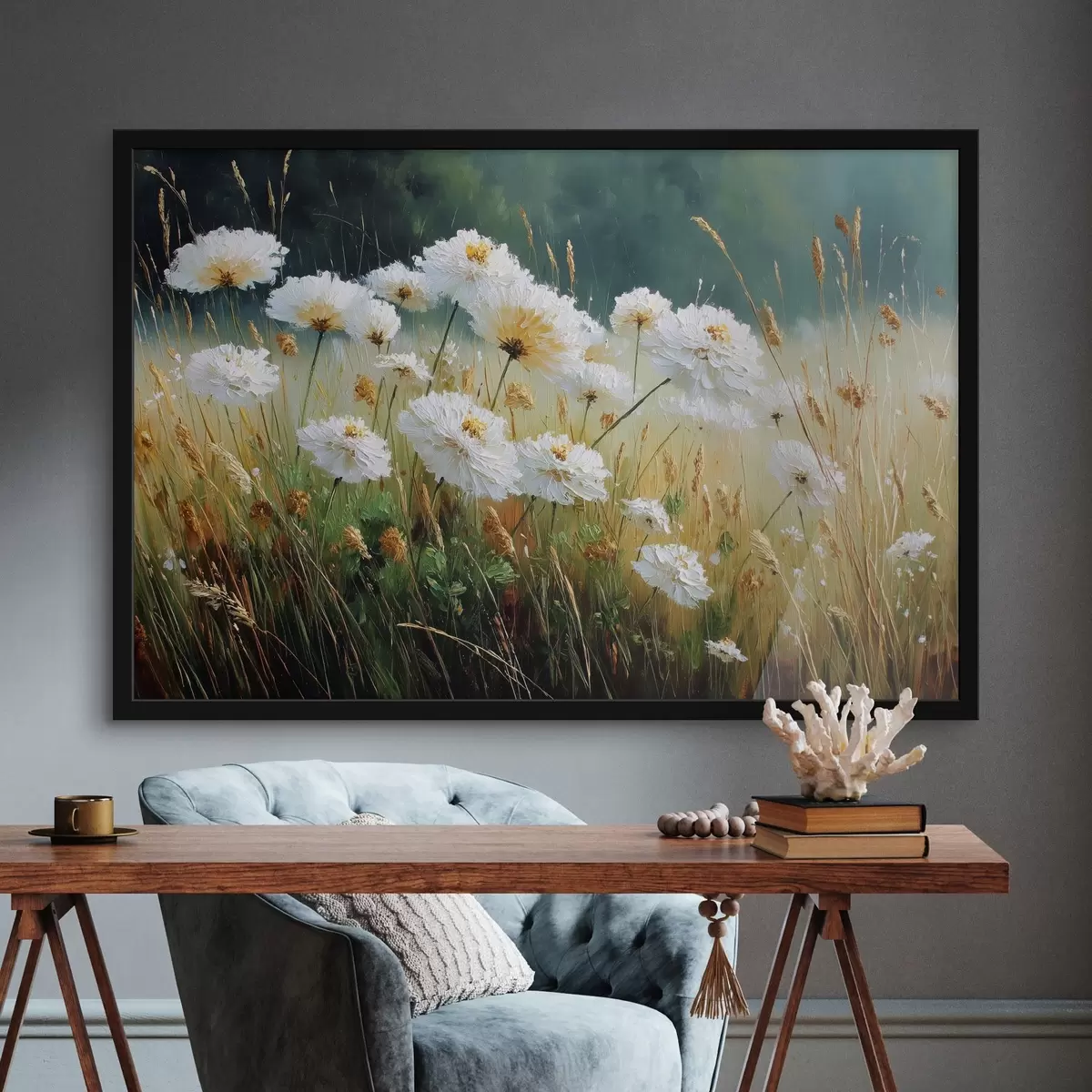 Poster Fleurs blanches dans un pré à l'huile f44842