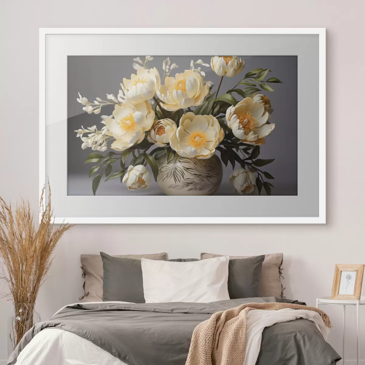 Poster Fleurs délicates à centre jaune dans un vase à motifs f44847