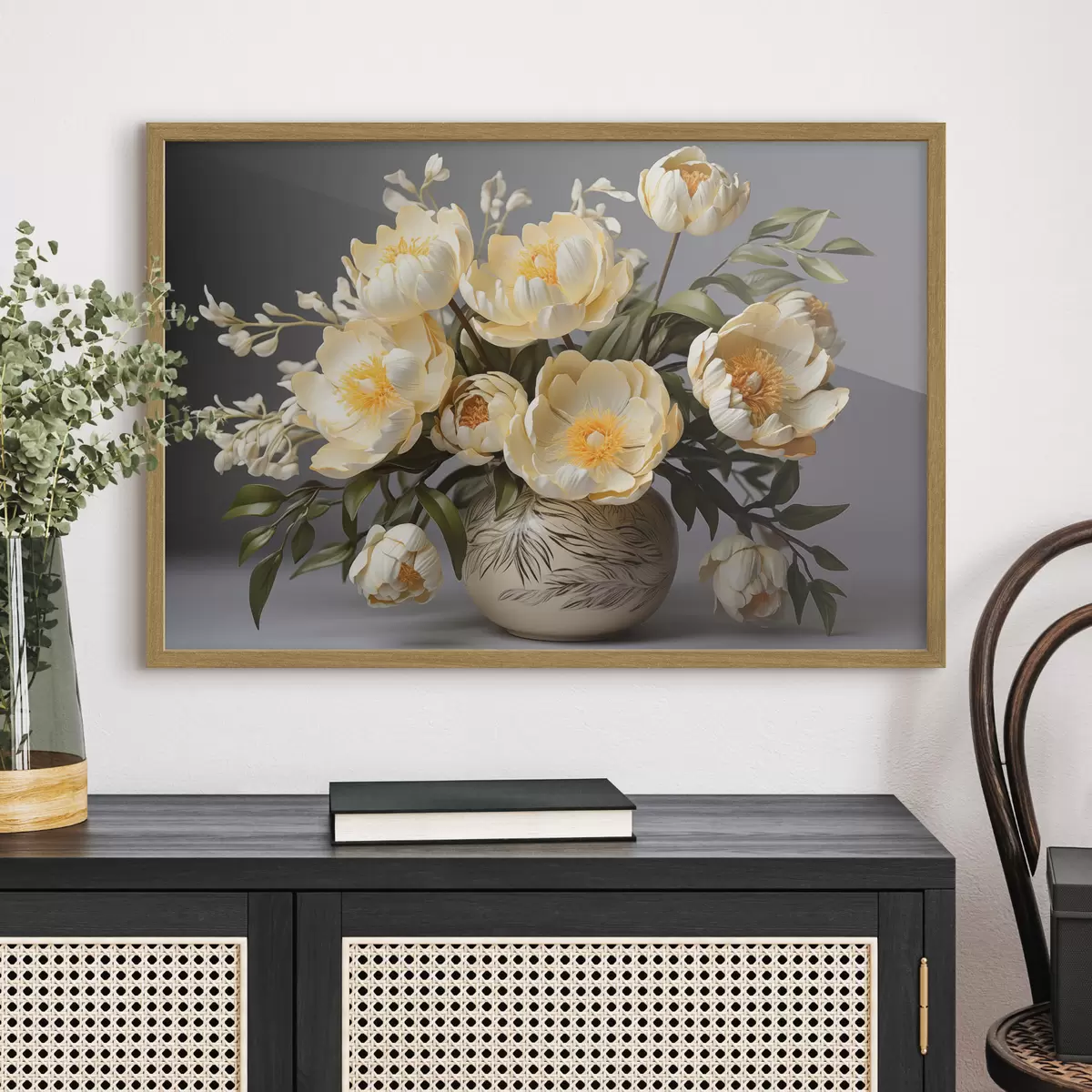 Poster Fleurs délicates à centre jaune dans un vase à motifs f44847