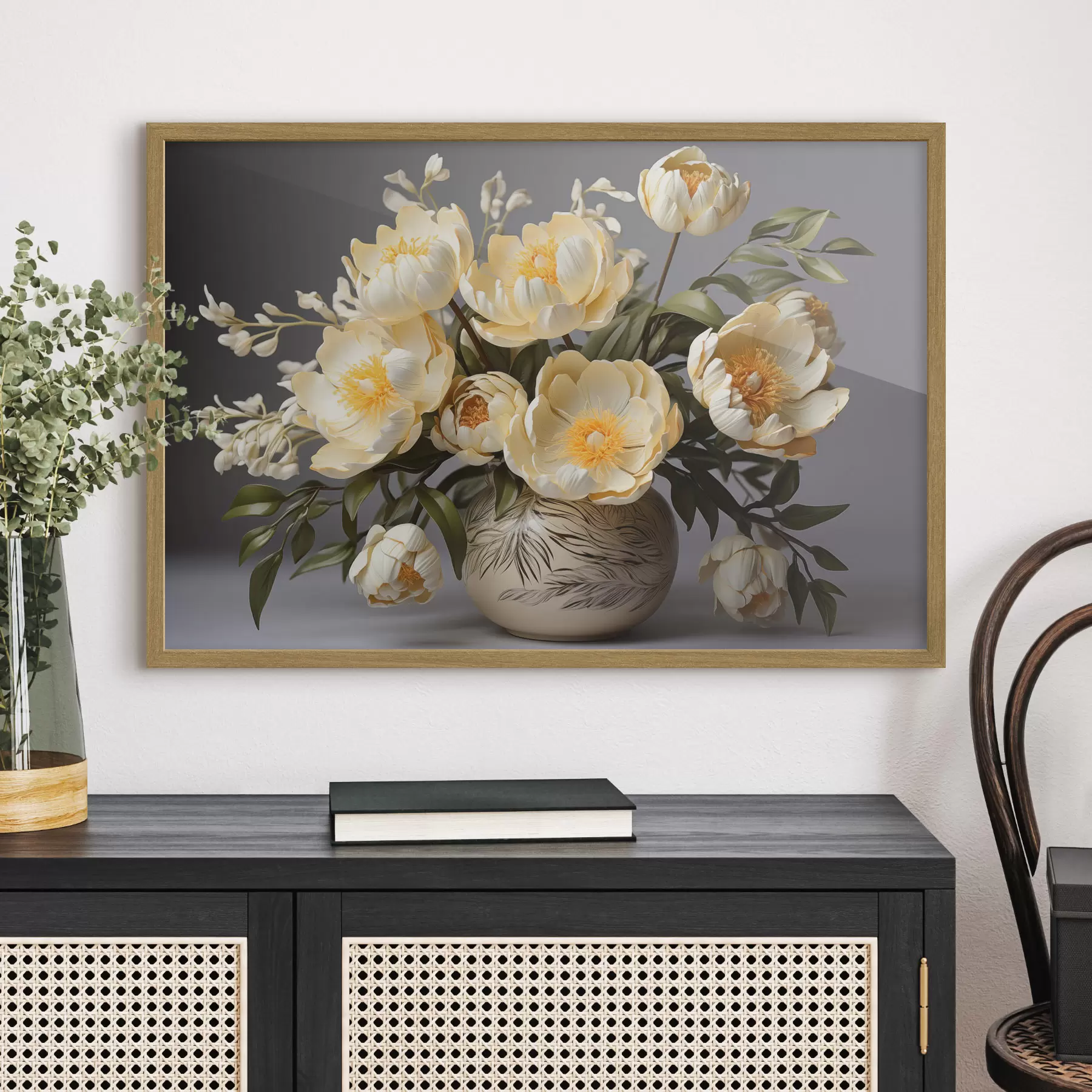 Papier peint Fleurs délicates à centre jaune dans un vase à motifs f44847