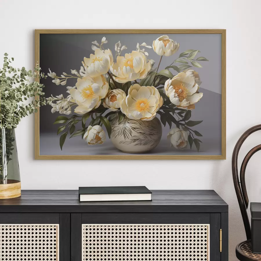 Papier peint Fleurs délicates à centre jaune dans un vase à motifs f44847