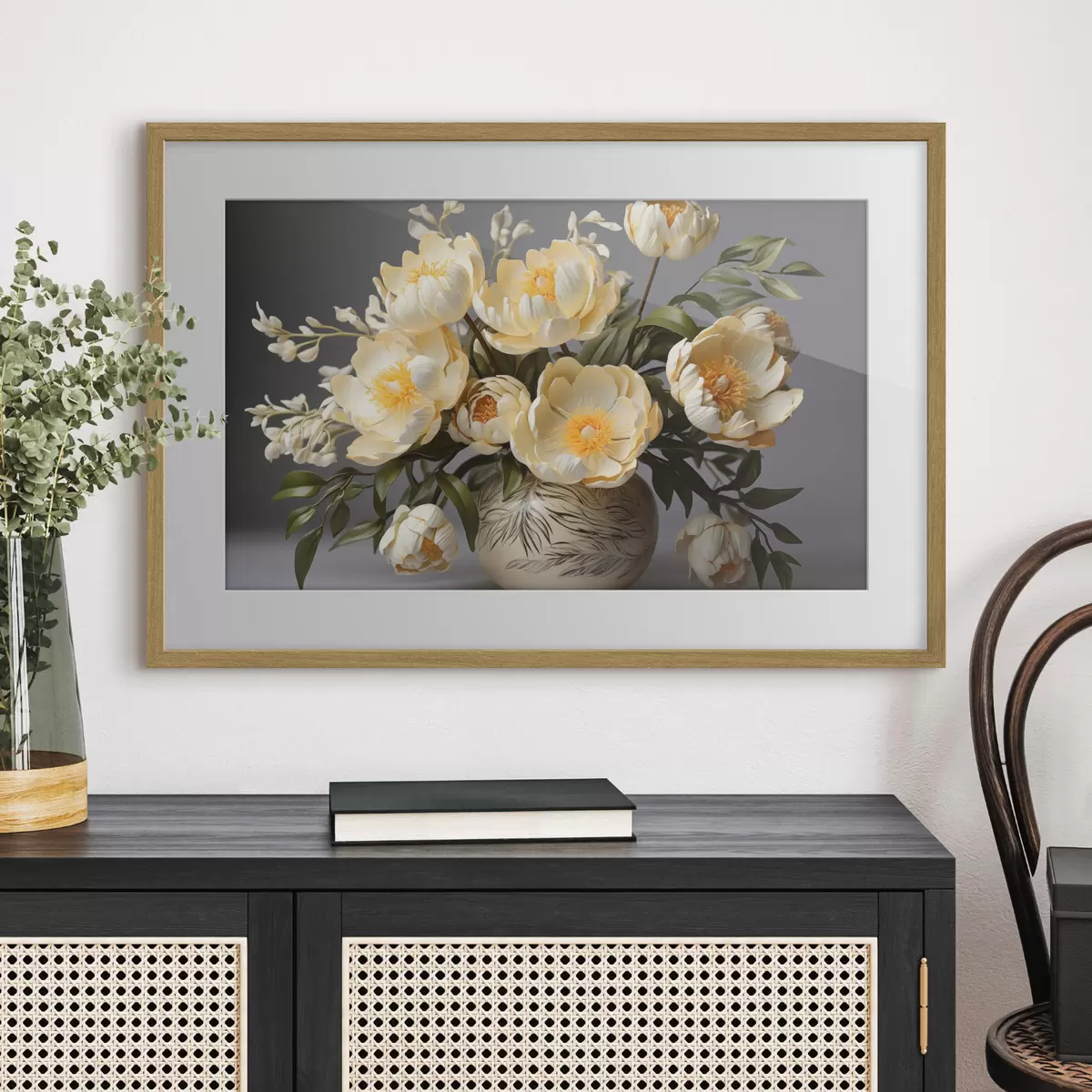 Poster Fleurs délicates à centre jaune dans un vase à motifs f44847