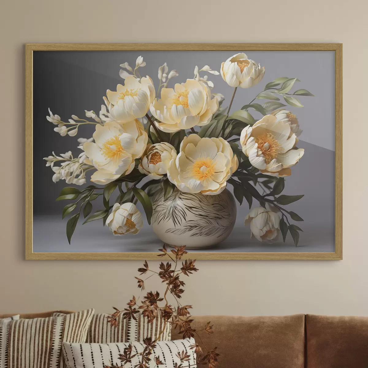 Poster Fleurs délicates à centre jaune dans un vase à motifs f44847