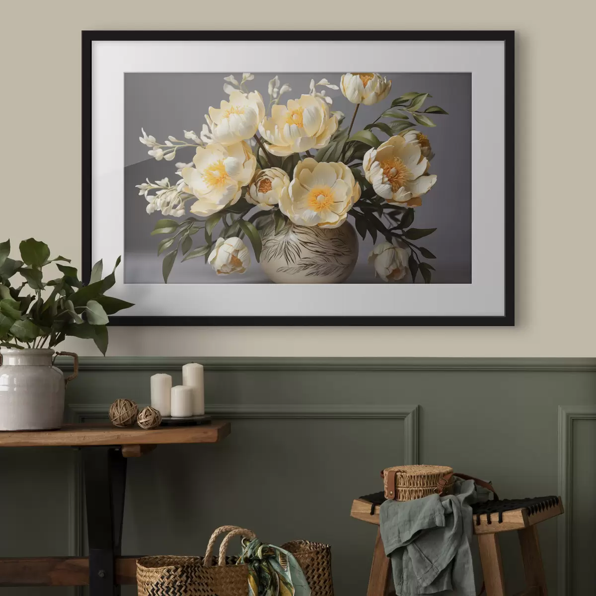 Poster Fleurs délicates à centre jaune dans un vase à motifs f44847