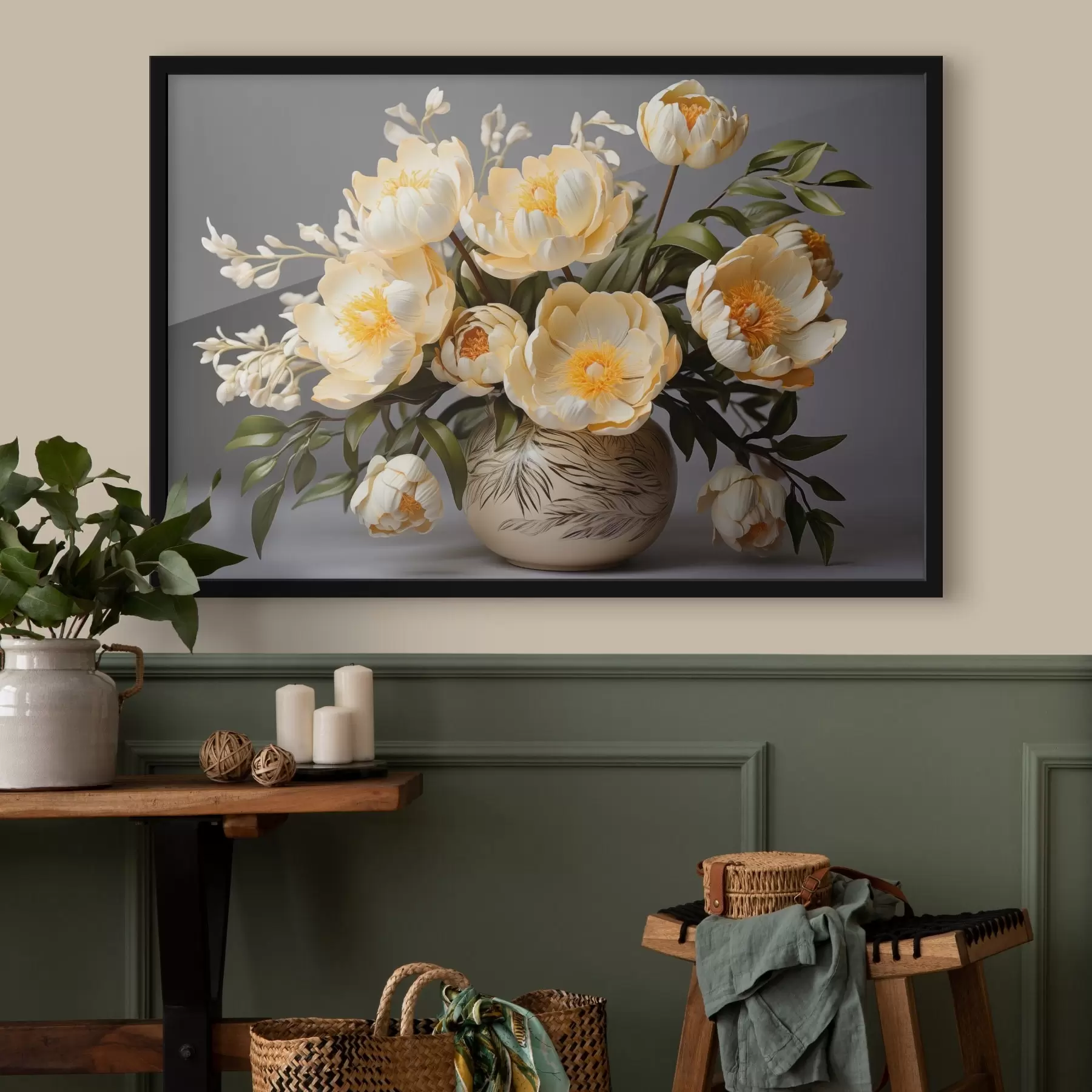 Papier peint Fleurs délicates à centre jaune dans un vase à motifs f44847