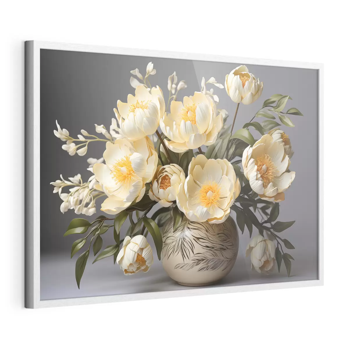 Poster Fleurs délicates à centre jaune dans un vase à motifs f44847