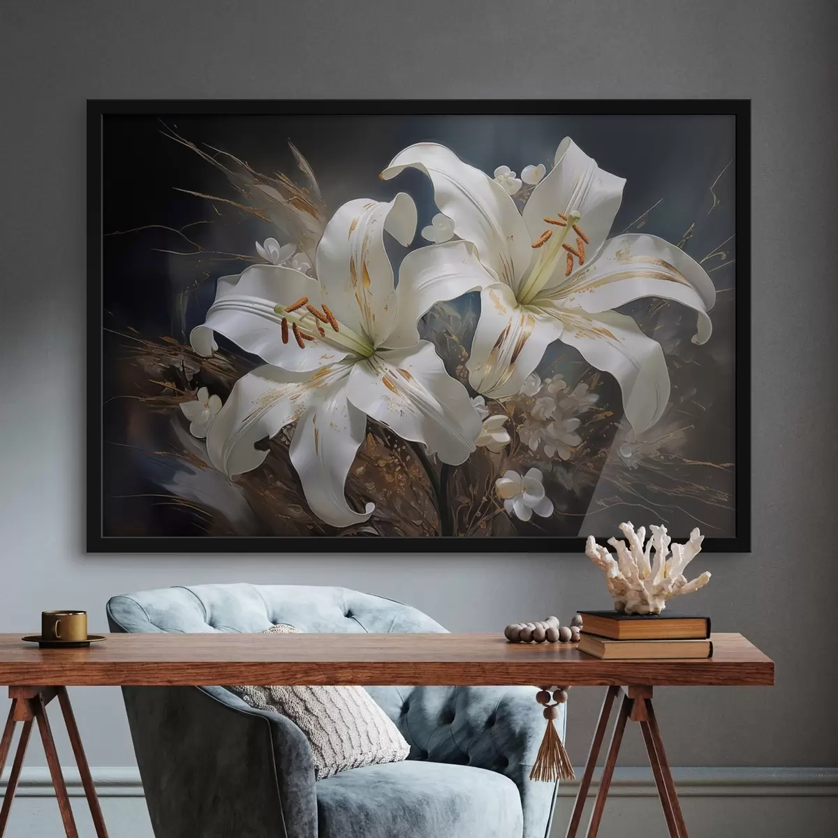 Poster Fleurs de lys sur fond sombre avec éléments décoratifs f44848