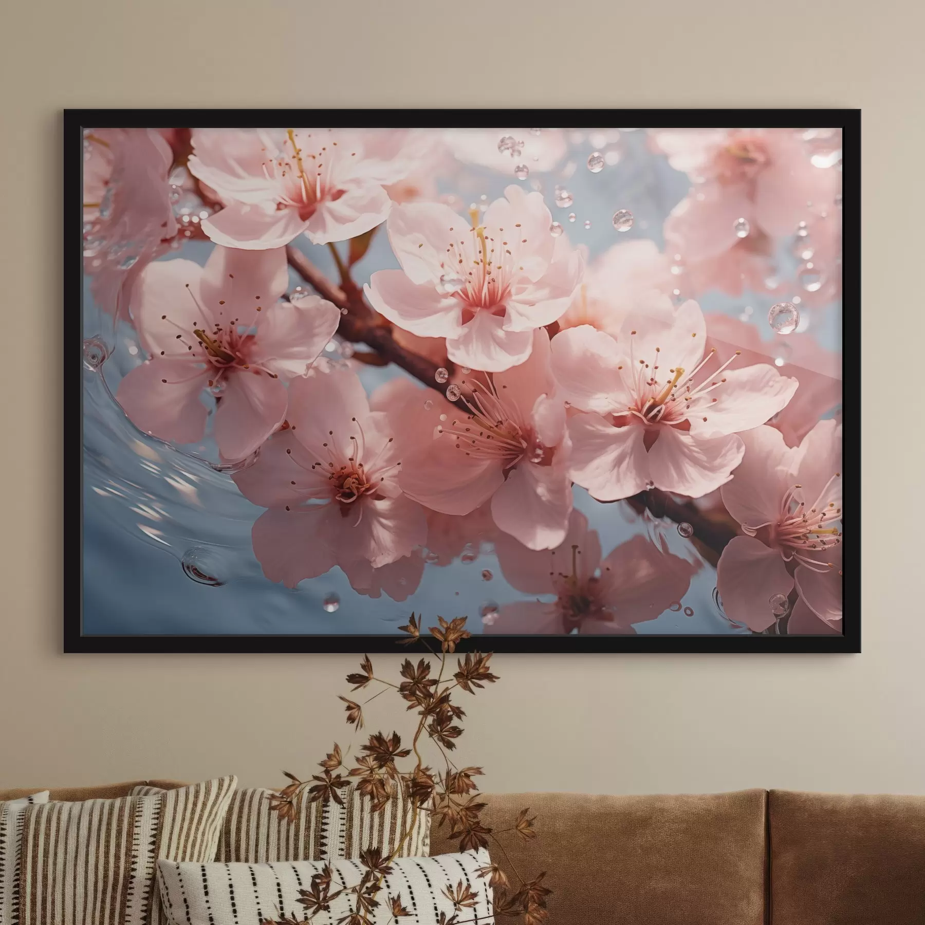 Papier peint Fleurs roses dans l'eau avec gouttes f44946