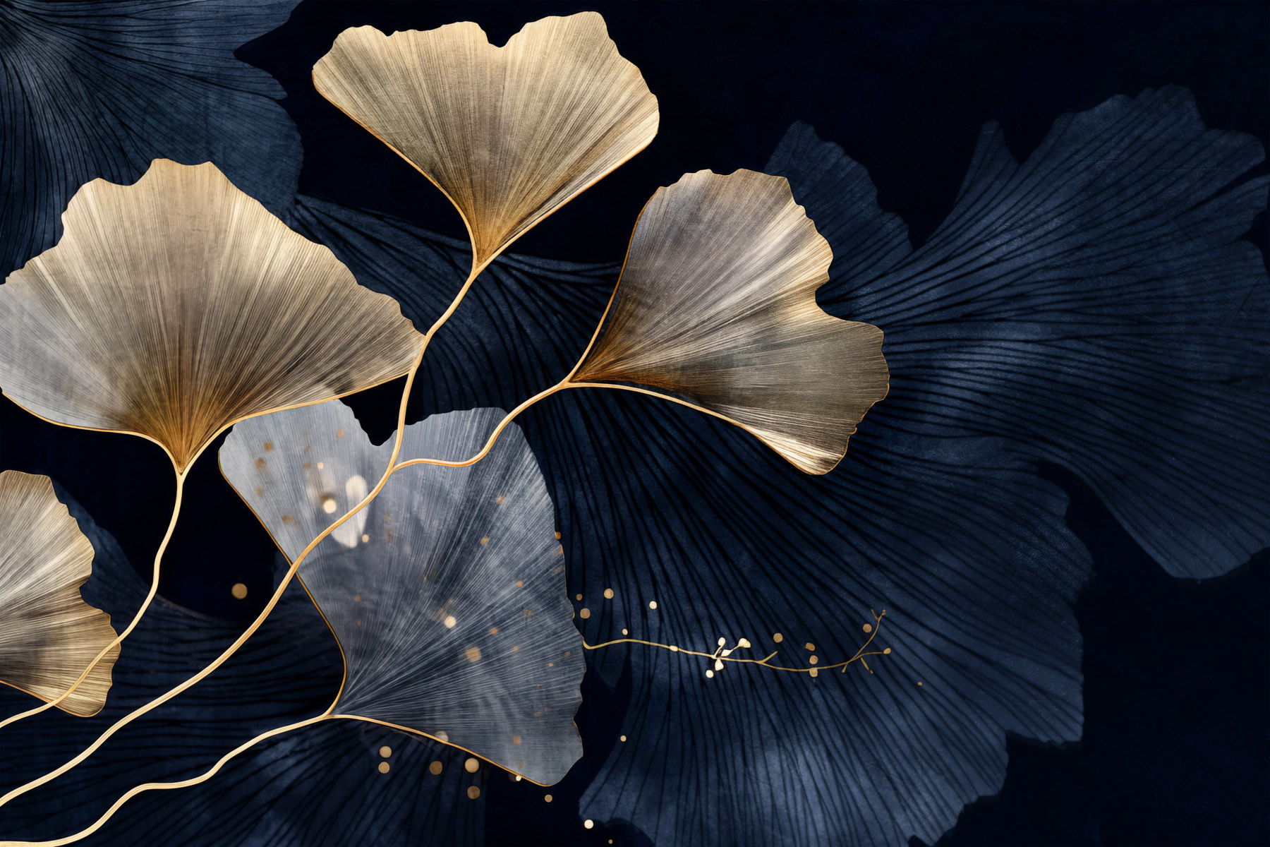 Ensemble 3 Toiles Art Feuille Ginkgo Dorée Bleu Foncé 40x60cm - Décoration Murale Minimaliste Moderne Sans Cadre