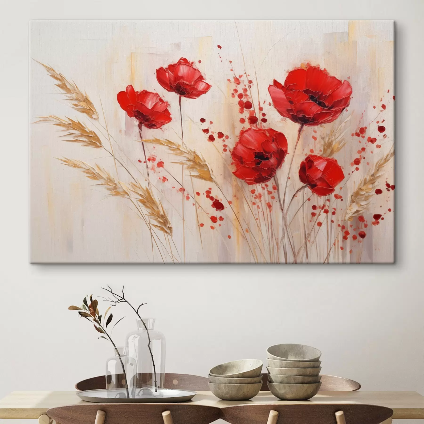 Tableau Fleurs de coquelicots rouges et tiges de blé jaunes, sur un fond doux et neutre avec des éclaboussures de peinture rouge s44926
