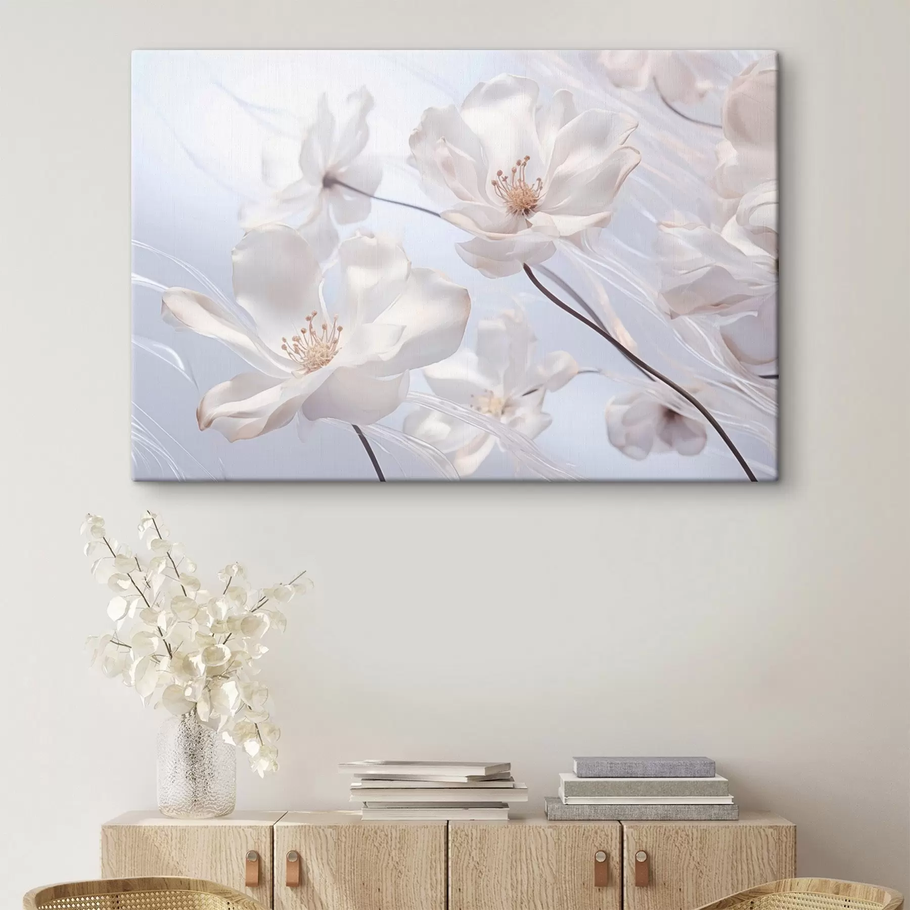 Tableau Fleurs blanches aux pétales translucides, fond bleu clair doux, élégant, romantique, délicat, rêveur  s44931
