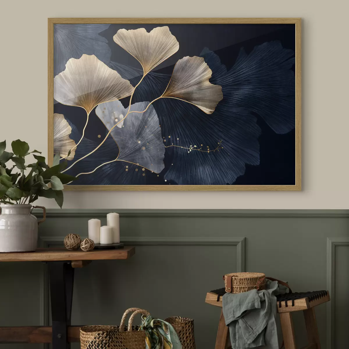 Poster Feuilles de ginkgo dans les tons jaunes et bleus, élégant fond sombre, art moderne, style minimaliste, inspiré par la nature f44921