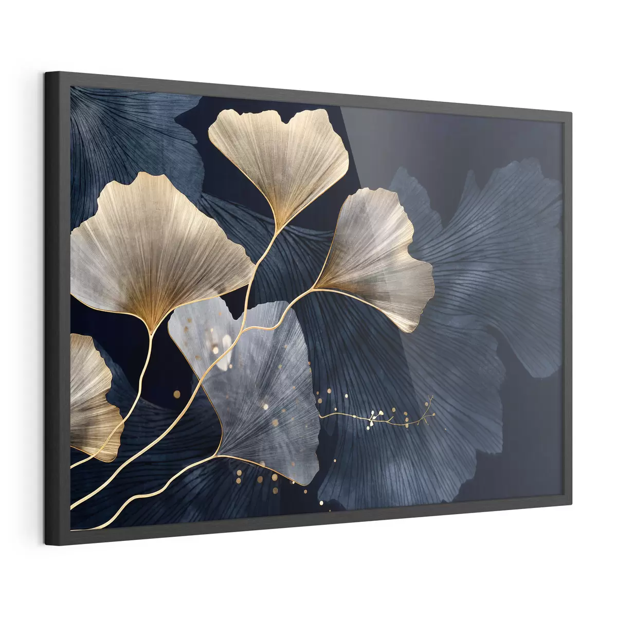 Poster Feuilles de ginkgo dans les tons jaunes et bleus, élégant fond sombre, art moderne, style minimaliste, inspiré par la nature f44921