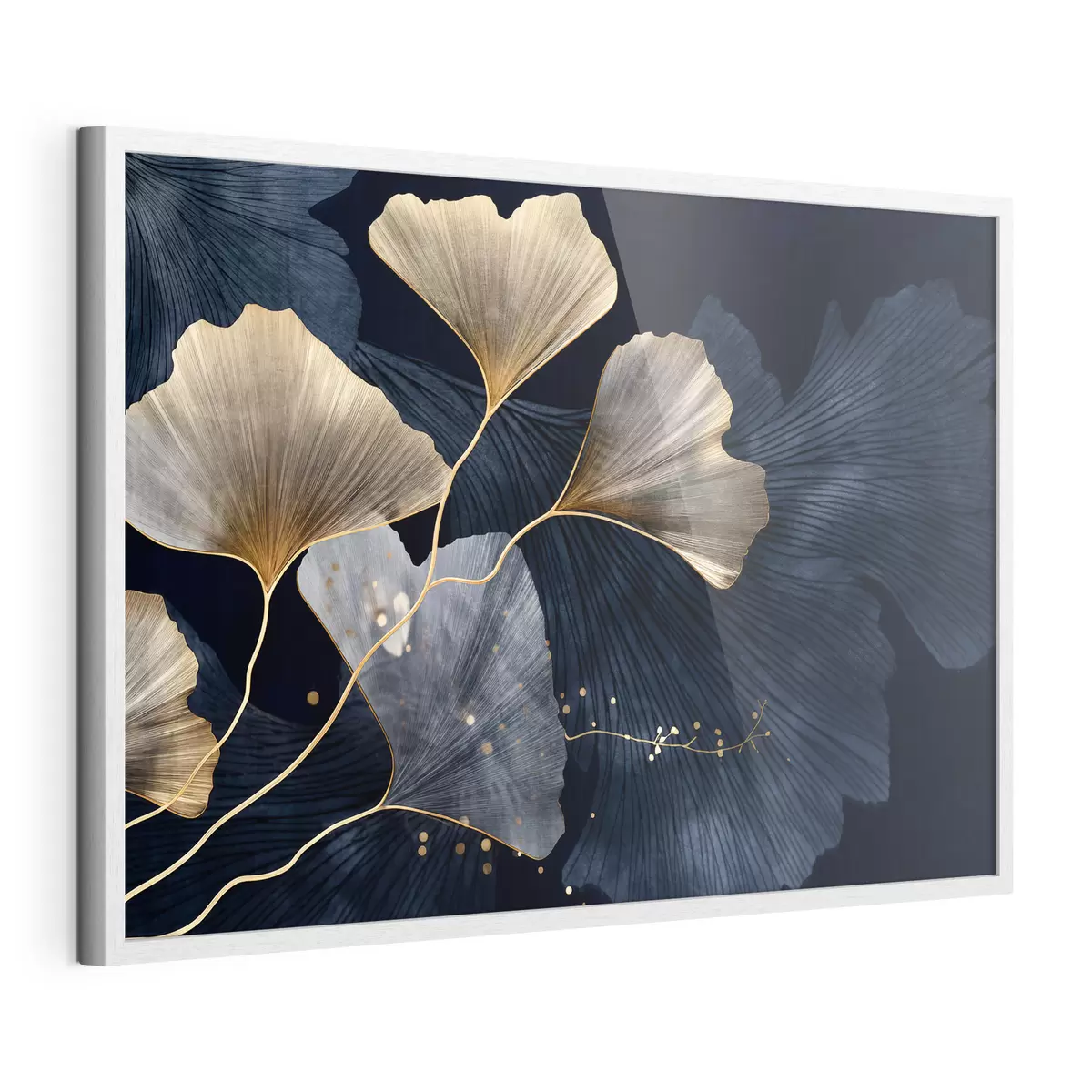 Poster Feuilles de ginkgo dans les tons jaunes et bleus, élégant fond sombre, art moderne, style minimaliste, inspiré par la nature f44921