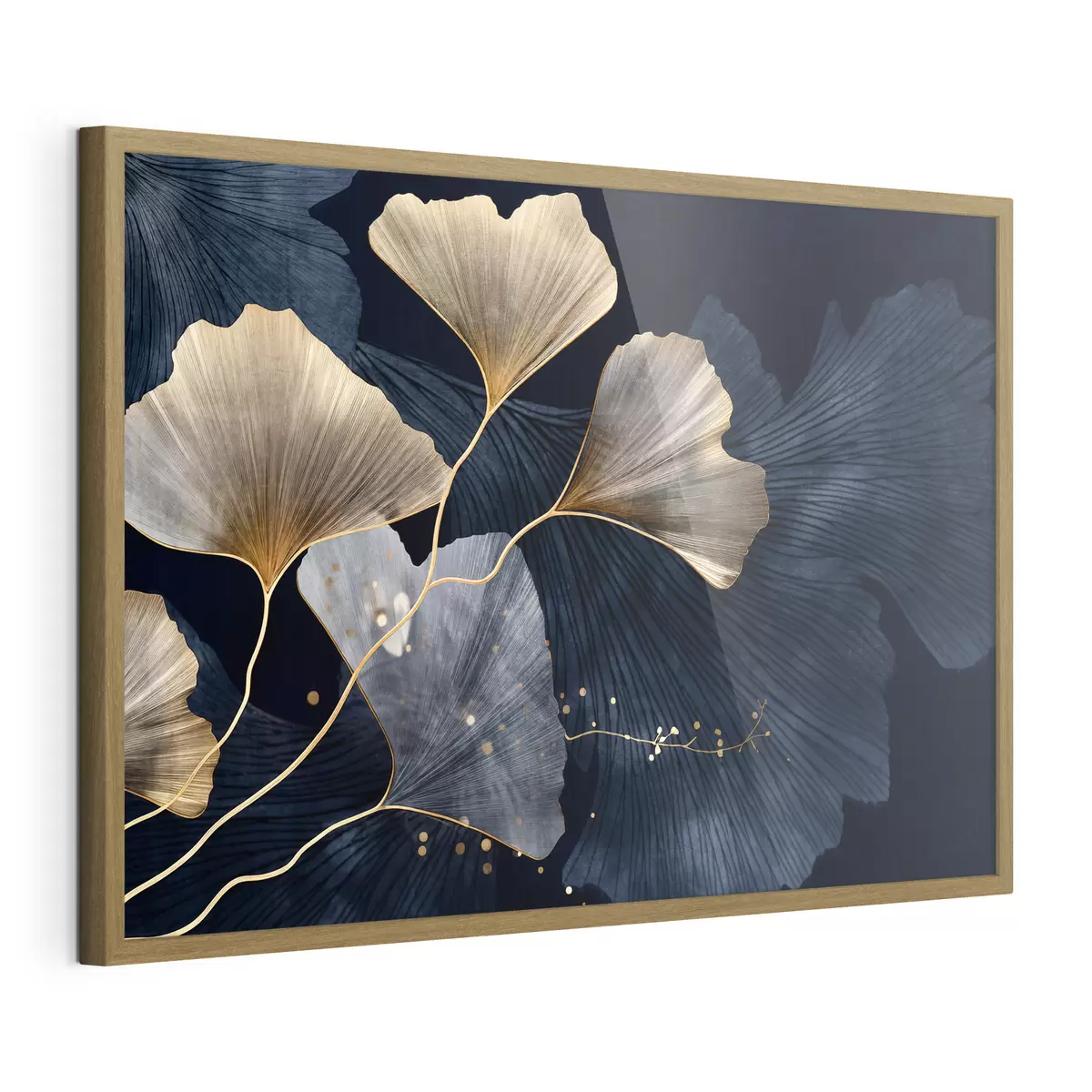Poster Feuilles de ginkgo dans les tons jaunes et bleus, élégant fond sombre, art moderne, style minimaliste, inspiré par la nature f44921