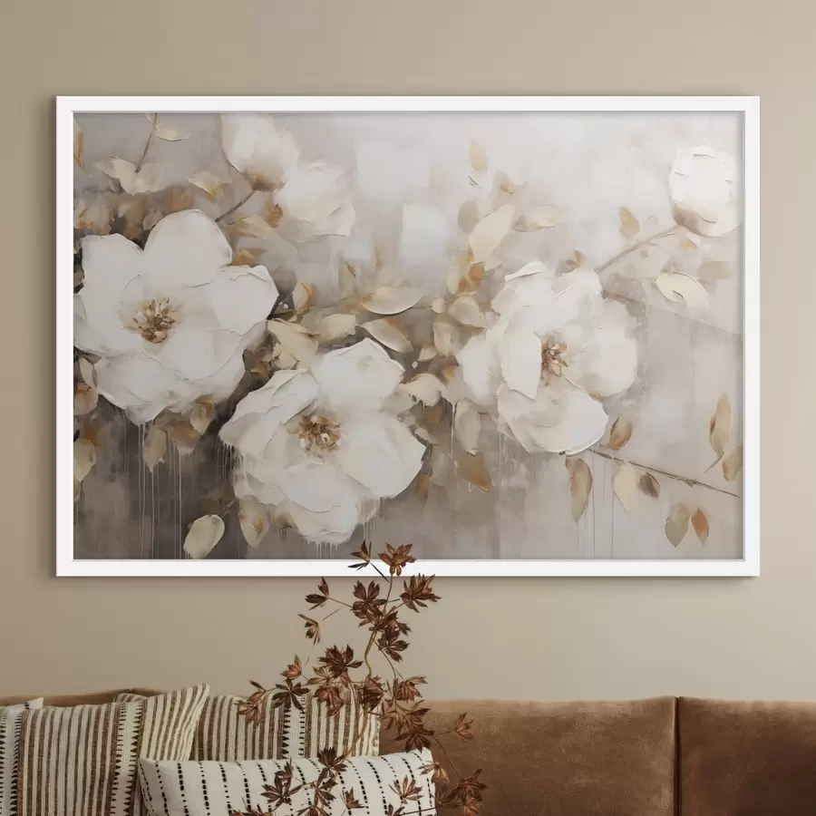 Papier peint Fleurs blanches avec feuilles brunes sur fond beige, imitation peinture à l'huile, arrangement floral, art botanique f44922