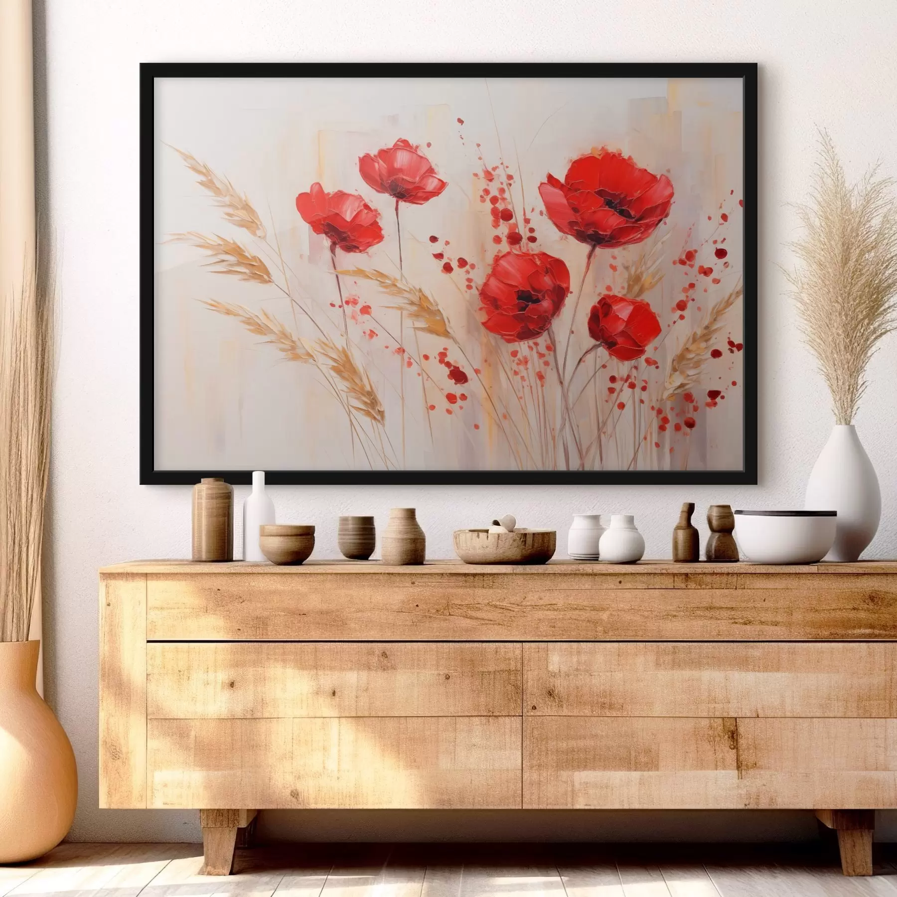 Papier peint Fleurs de coquelicots rouges et tiges de blé jaunes, sur un fond doux et neutre avec des éclaboussures de peinture rouge f44926