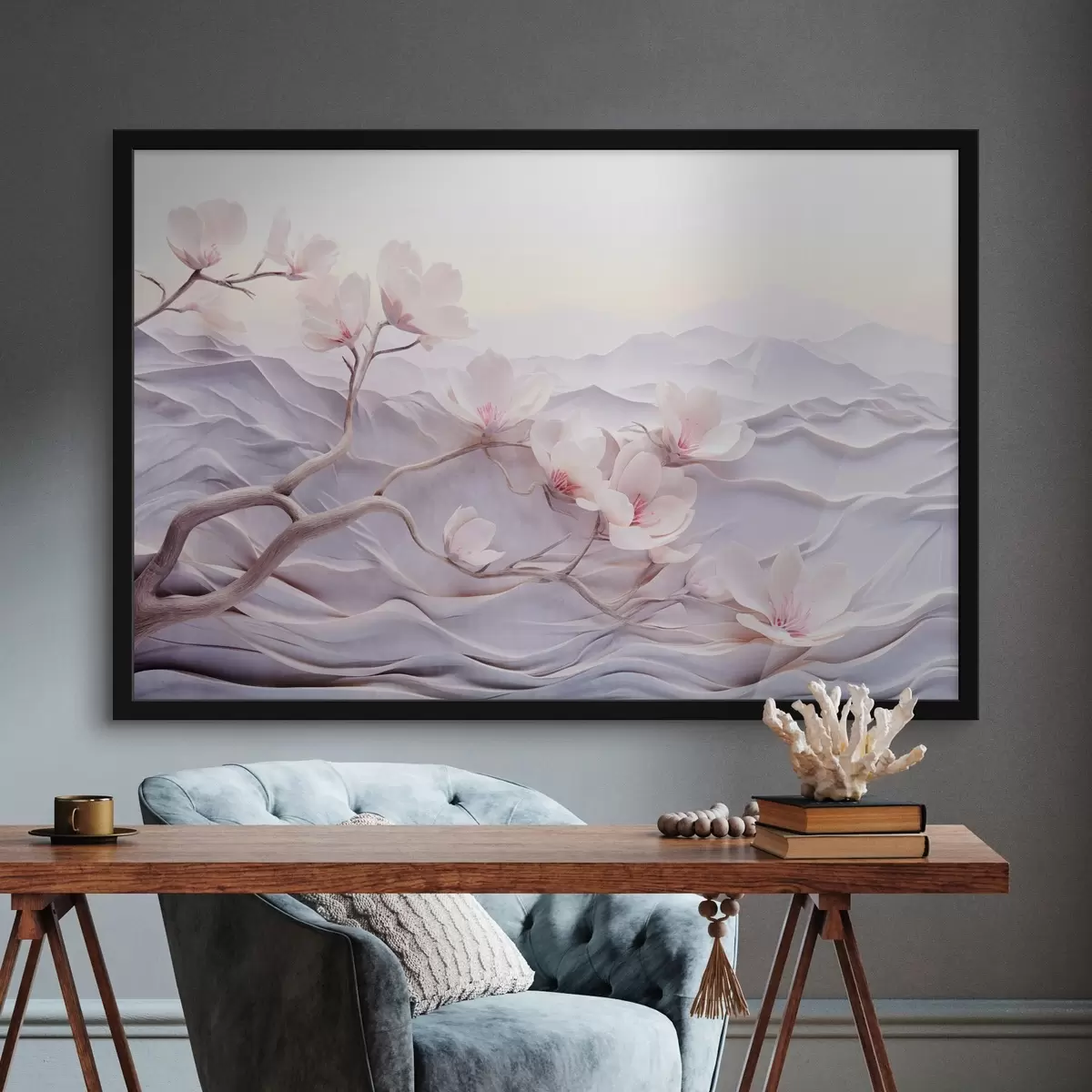 Poster Branche fleurie avec des fleurs roses, montagnes en arrière-plan, couleurs pastel douces, art texturé japonais f44930