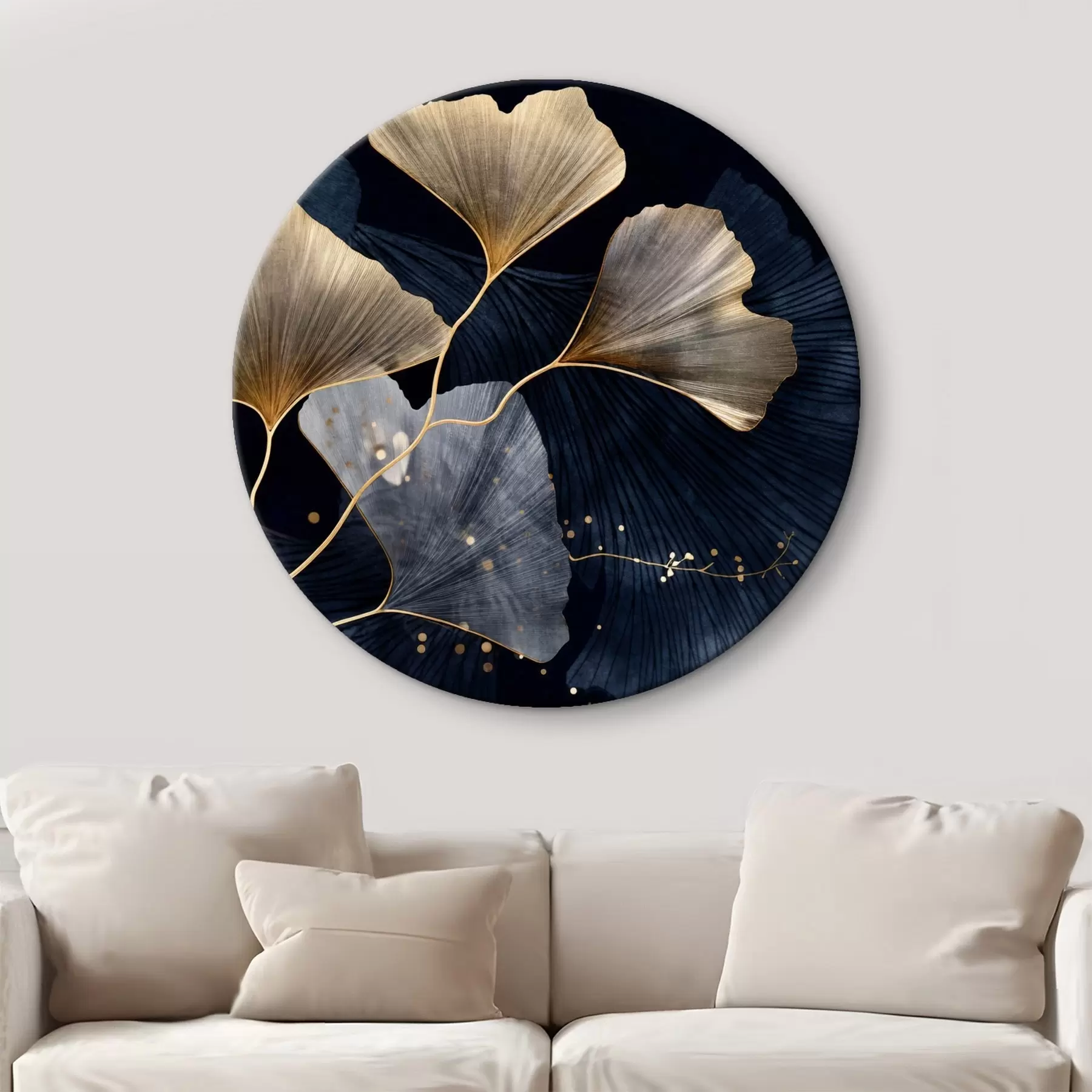 Tableau Feuilles de ginkgo dans les tons jaunes et bleus, élégant fond sombre, art moderne, style minimaliste, inspiré par la nature r44921