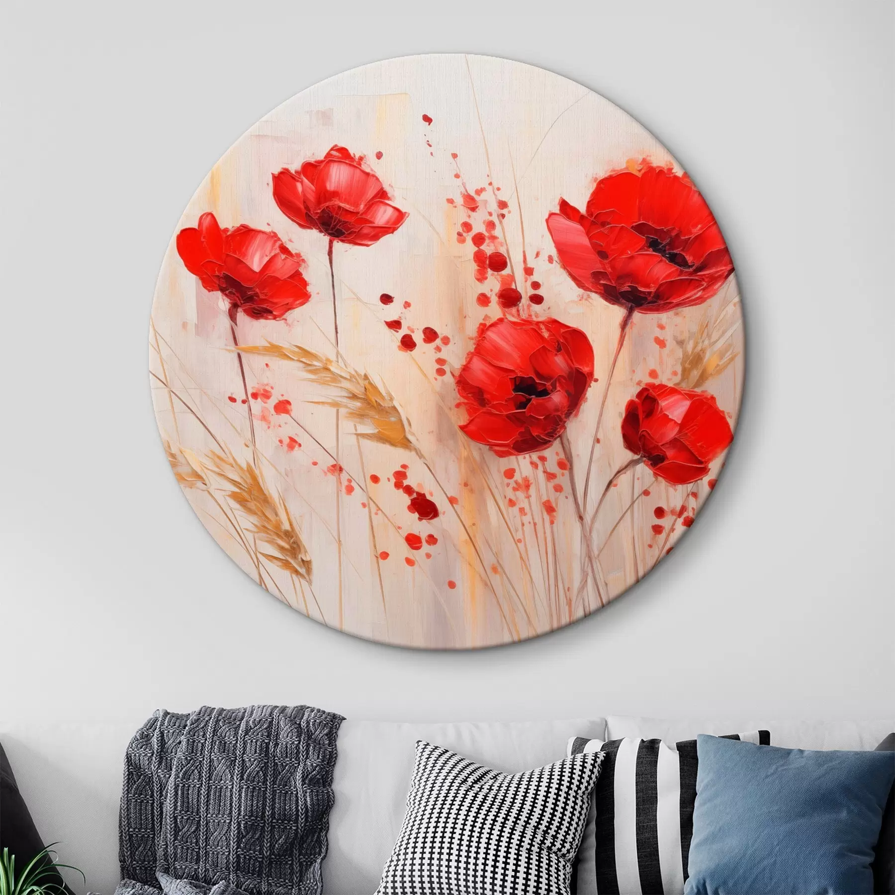 Tableau Fleurs de coquelicots rouges et tiges de blé jaunes, sur un fond doux et neutre avec des éclaboussures de peinture rouge r44926