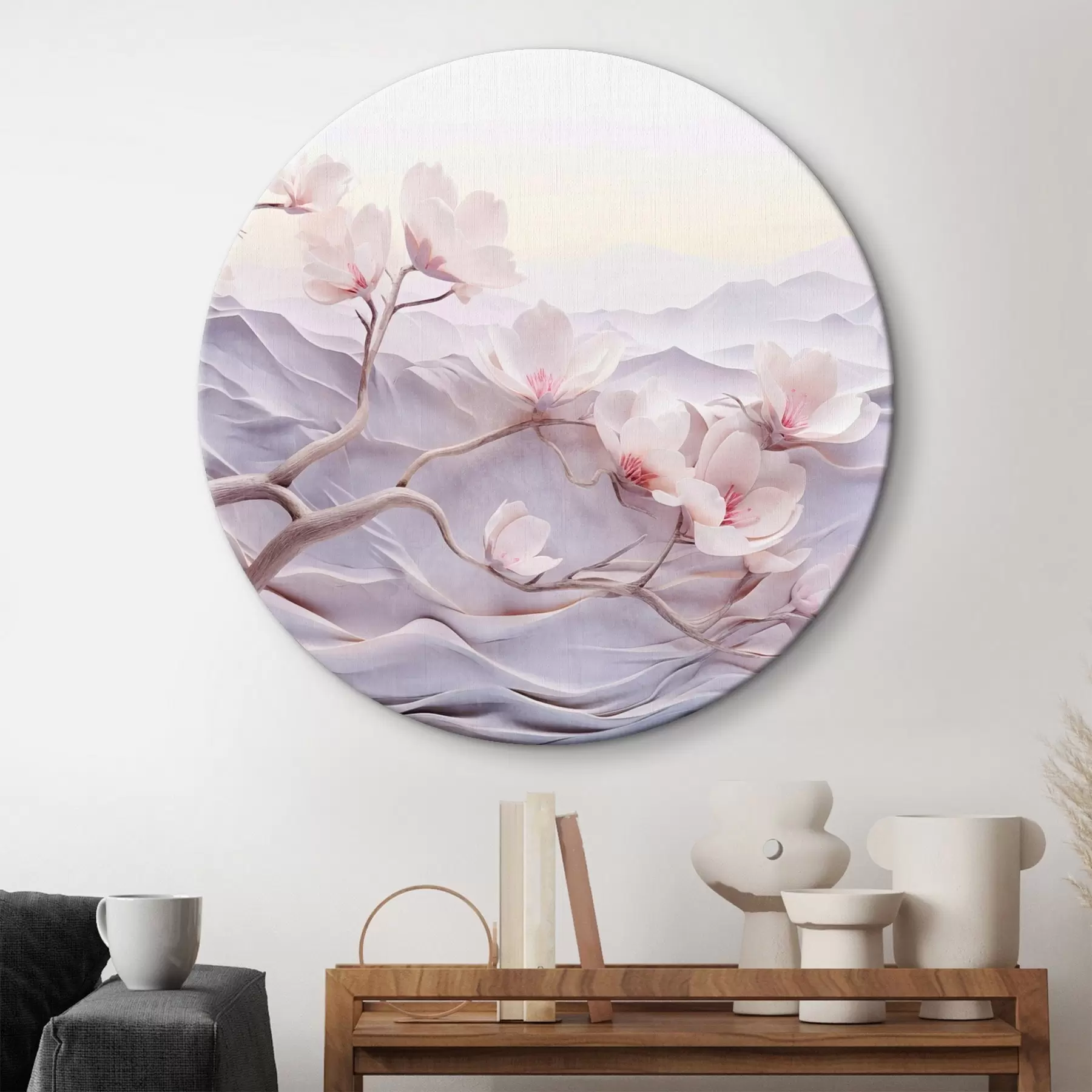 Tableau Branche fleurie avec des fleurs roses, montagnes en arrière-plan, couleurs pastel douces, art texturé japonais r44930
