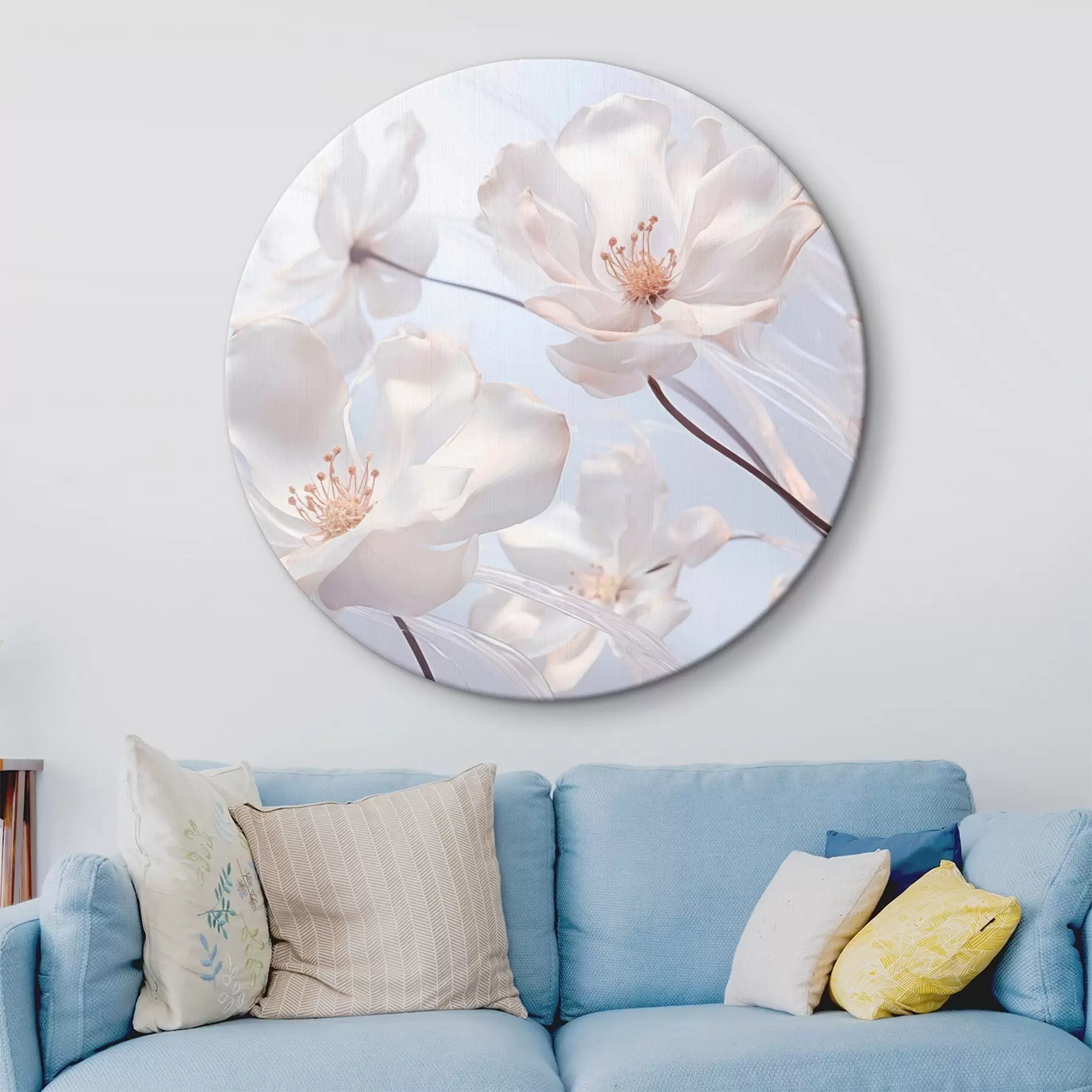 Tableau Fleurs blanches aux pétales translucides, fond bleu clair doux, élégant, romantique, délicat, rêveur r44931