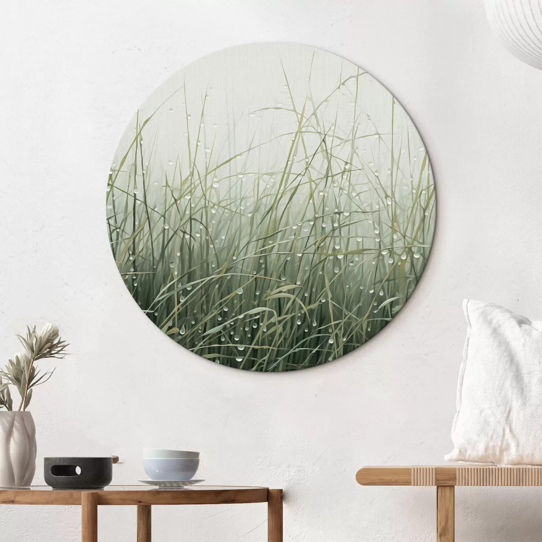 Tableau Herbe avec gouttes d'eau, nuances de vert, lumière douce, fond brumeux, style abstrait minimaliste texturé r44932