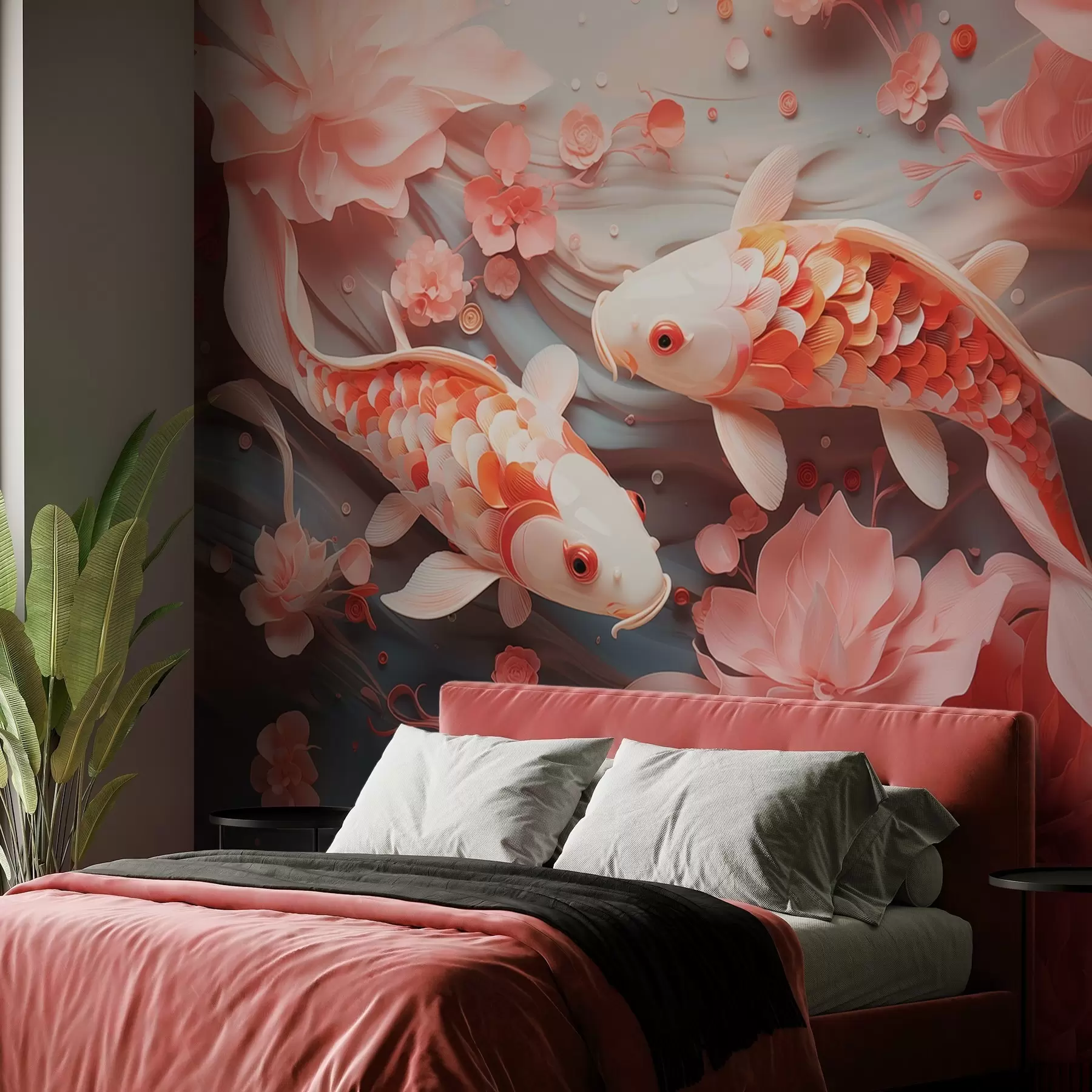 Papier peint De délicats poissons aux écailles dimensionnelles nagent dans un flux de pétales et de tons roses doux w09237
