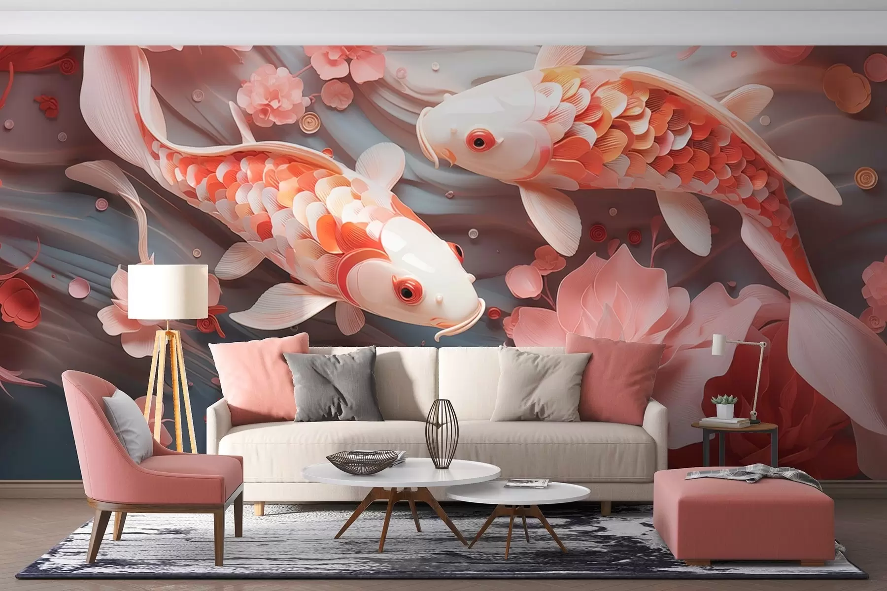 Papier peint De délicats poissons aux écailles dimensionnelles nagent dans un flux de pétales et de tons roses doux w09237