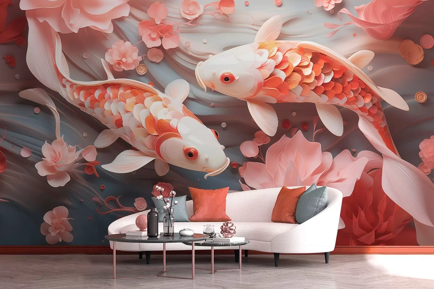 Papier peint De délicats poissons aux écailles dimensionnelles nagent dans un flux de pétales et de tons roses doux w09237