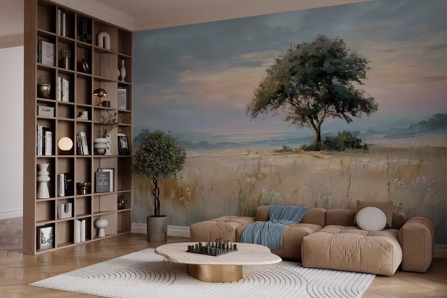 Papier peint arbre au milieu d'un champ dans le style de la peinture à l'huile w04206