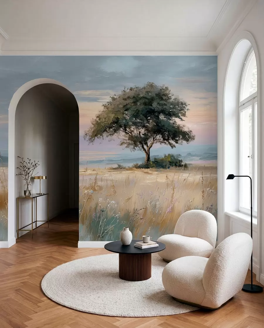 Papier peint arbre au milieu d'un champ dans le style de la peinture à l'huile w04206