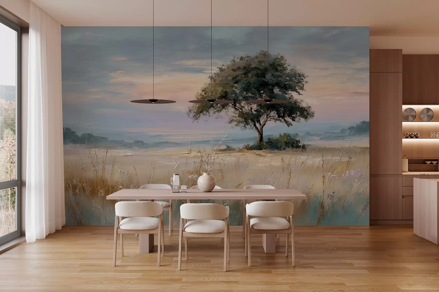 Papier peint arbre au milieu d'un champ dans le style de la peinture à l'huile w04206