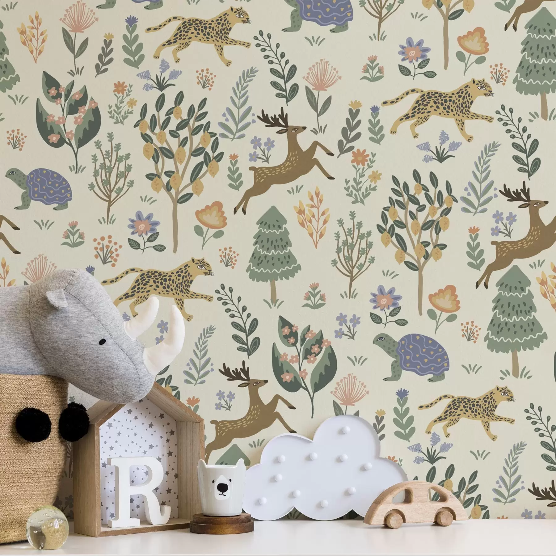 Papier peint Illustration rétro avec des léopards, des arbres et des cerfs a00184