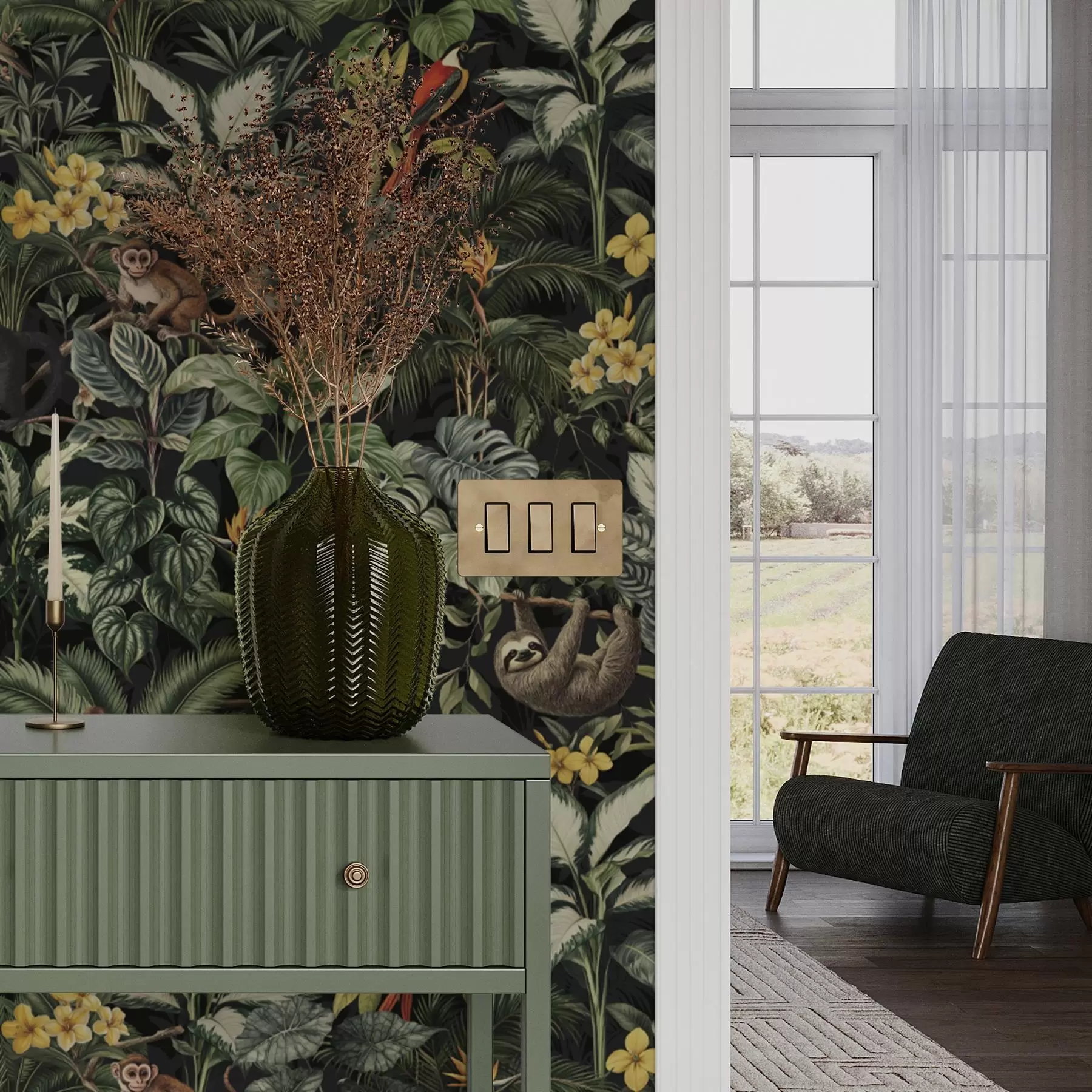 Papier peint Jungle tropicale avec singes, oiseaux et feuillage dense a00191